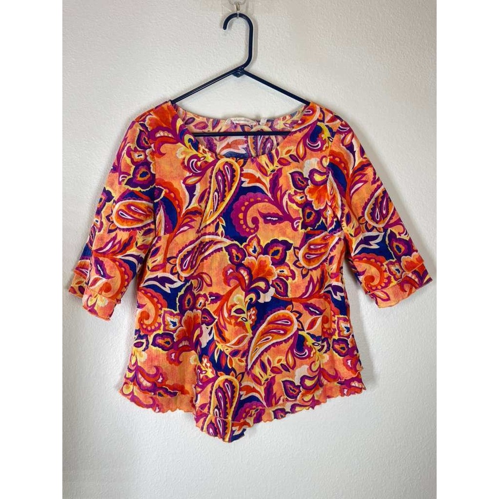 Soft Surroundings PM Orange Purple Paisley Cotton 3/4 Sleeve Lettuce Hem Top - Picture 2 of 10